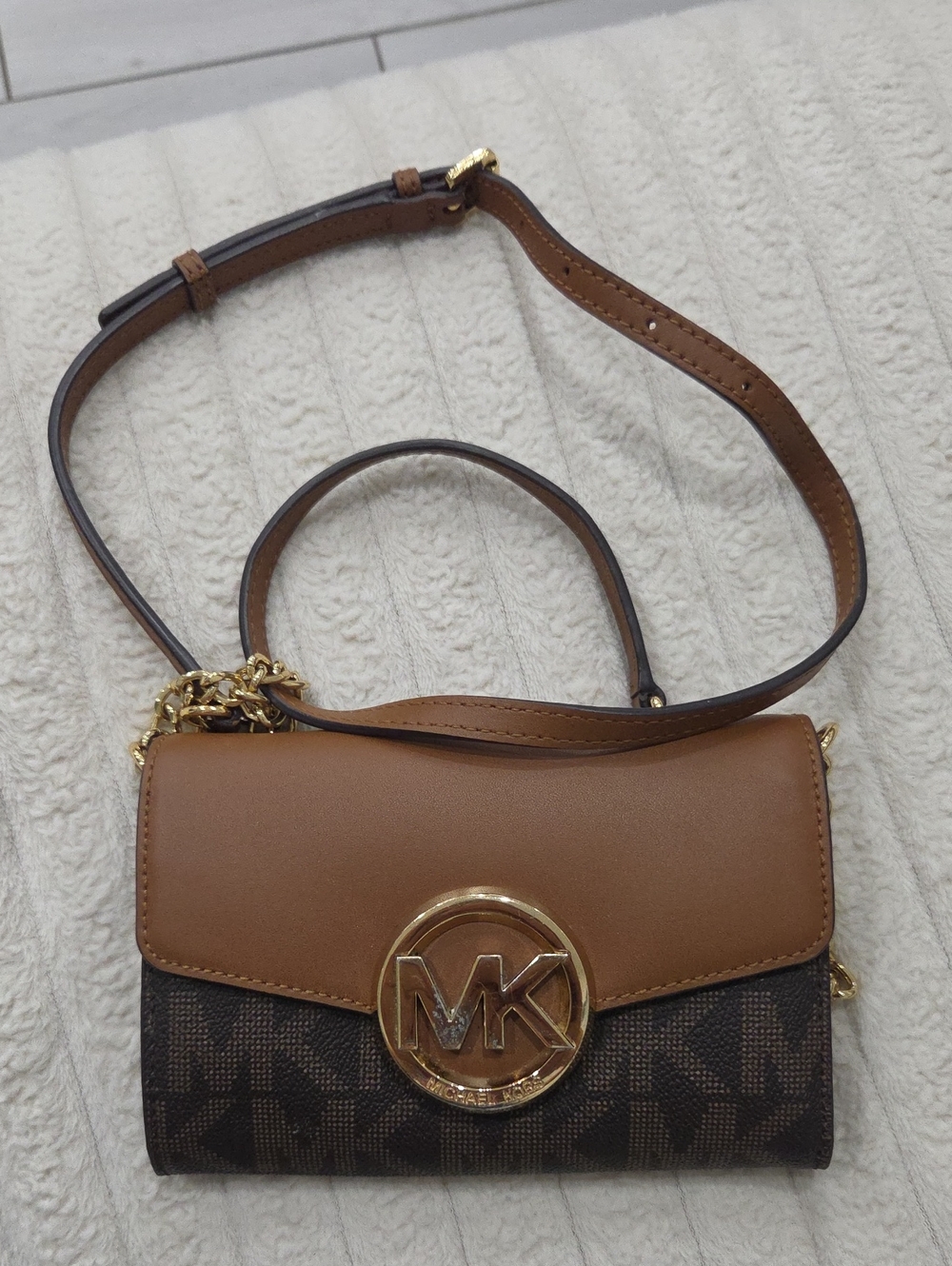 Michael Kors Brown & Tan Logo Crossbody with Gold MK Medallion